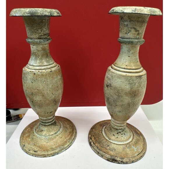 Unbranded Other - Vtg Rare Pair of Solid Bronze Candle Sticks Holders Gray Green Orange 6”x3”